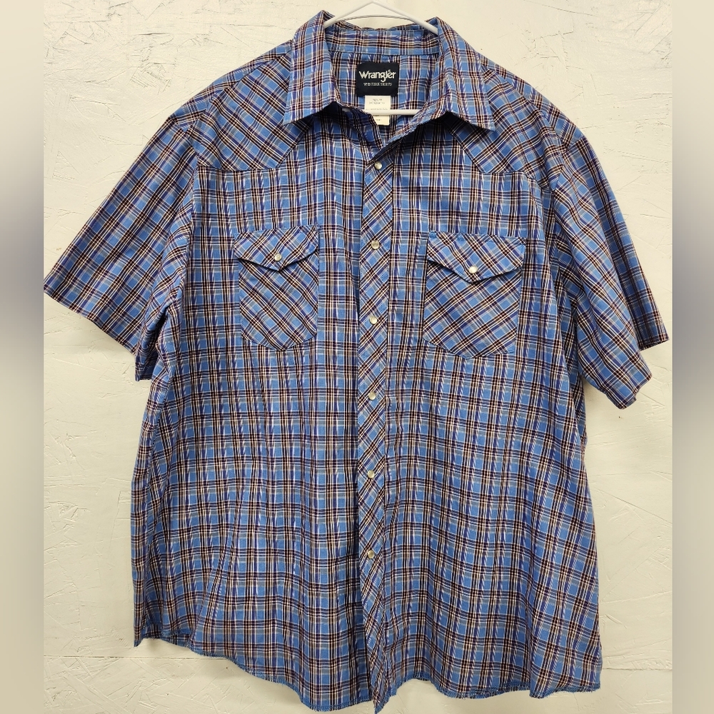 Men's Wrangler Plaid Western Snap Button Up Short Sleeve Shirt Size 2XL Blue